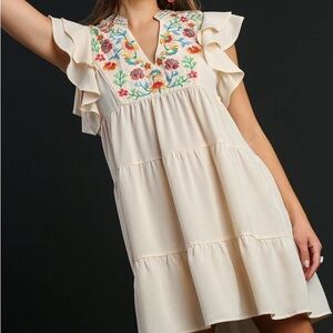 Umgee Cream Mini Dress with Floral Embroidery